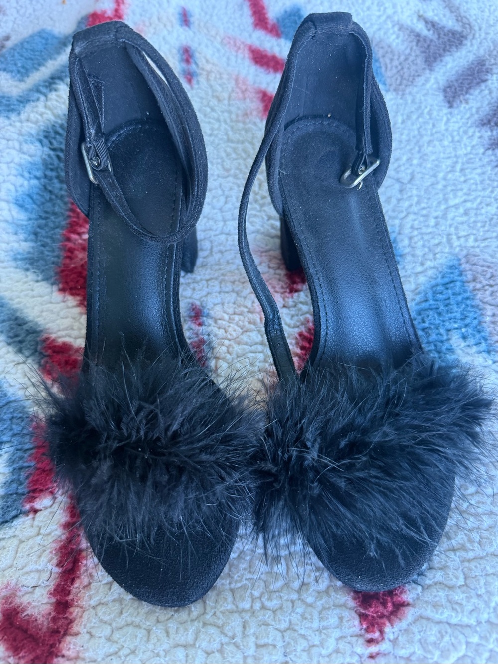 Black Feather-Trim Women's Ankle-Strap Heels